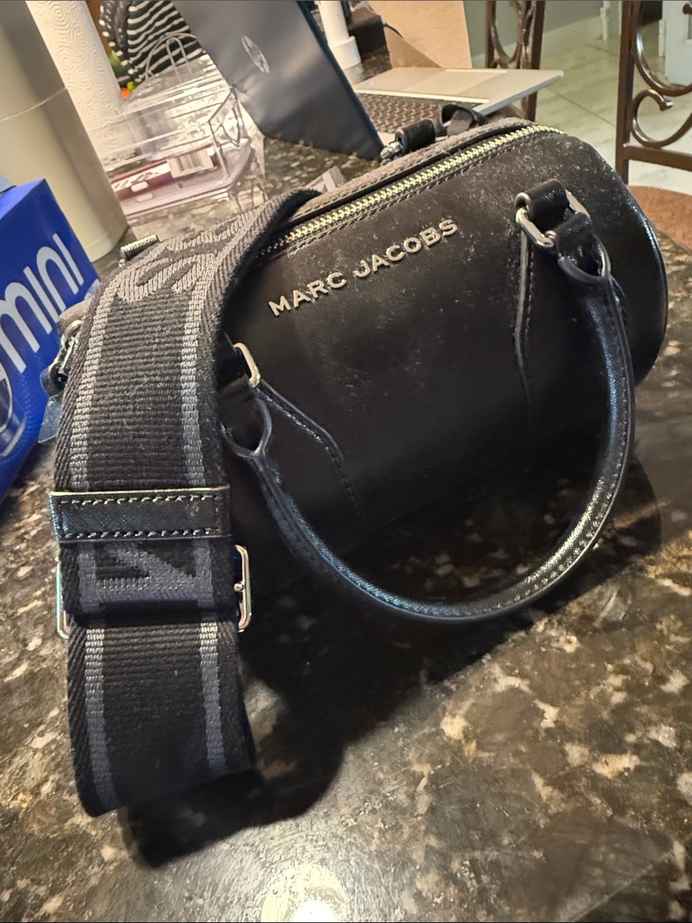 Marc Jacobs Black Leather Barrel Satchel with Wide Webbing Strap